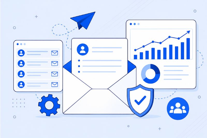 Illustration of email messages,representing digital communication, data analysis, and tracking cold email results.