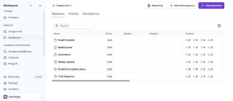 Salesforge sequence dashboard displaying email outreach sequences and automation workflow management