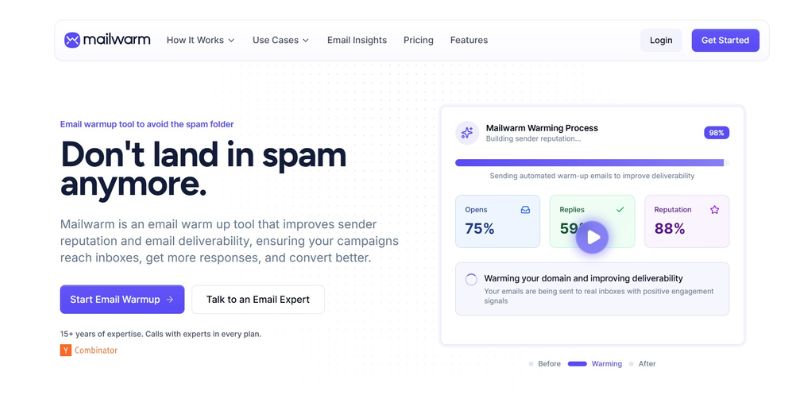Mailwarm website homepage showcasing its powerful email warmup tool features, comprehensive statistics for opens, replies, and reputation—making it a standout among Mailreach.co alternatives—plus a prominent start button and intuitive navigation bar.