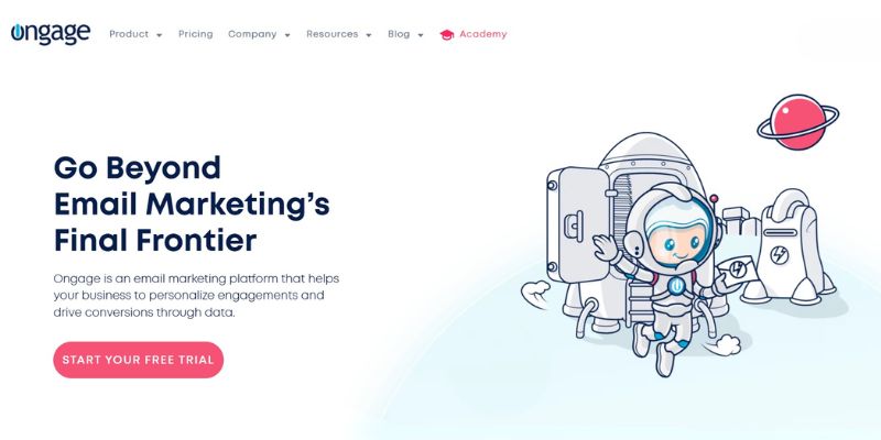 Ongage website homepage showing a cartoon astronaut with a rocket and the tagline “Go Beyond Email Marketing’s Final Frontier.” Discover why Ongage stands out among Mailreach.co alternatives. A pink button says “Start Your Free Trial.”.