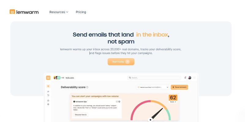Screenshot of Lemwarm’s homepage highlighting its service to improve email deliverability, with a call to action button and partial view of a dashboard showing a deliverability score—an excellent option for those seeking Mailreach.co alternatives.