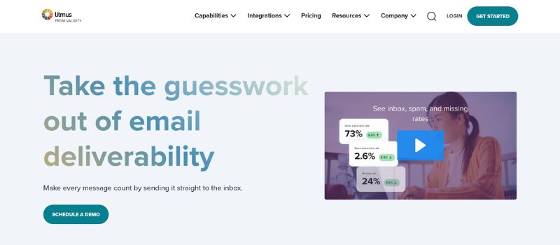 Litmus homepage highlighting email deliverability testing and inbox performance monitoring tools