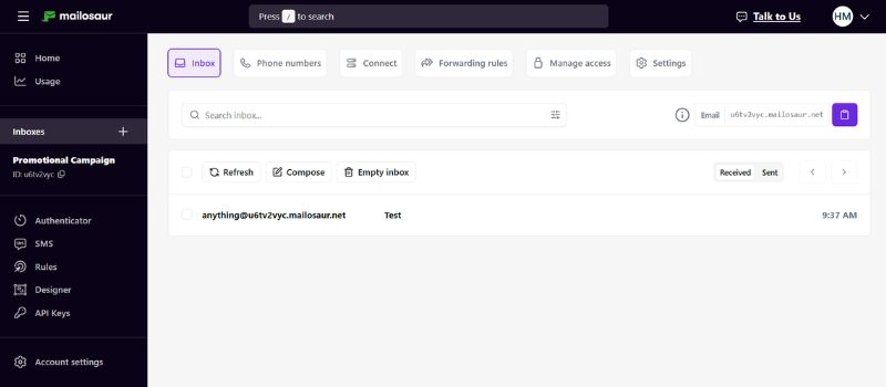 Mailosaur inbox interface displaying test emails received in a temporary email inbox for email testing