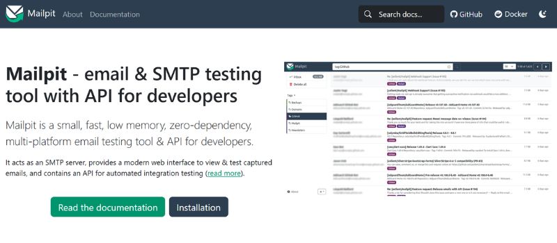 Mailpit homepage introducing its email and SMTP testing platform for capturing and inspecting test emails