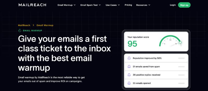MailReach homepage highlighting its email warmup service and sender reputation monitoring dashboard.