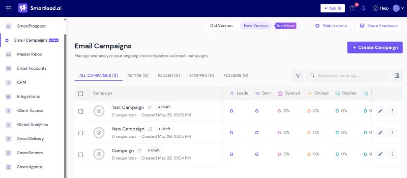 Smartlead.ai email campaigns dashboard displaying campaign management and outreach performance tracking.