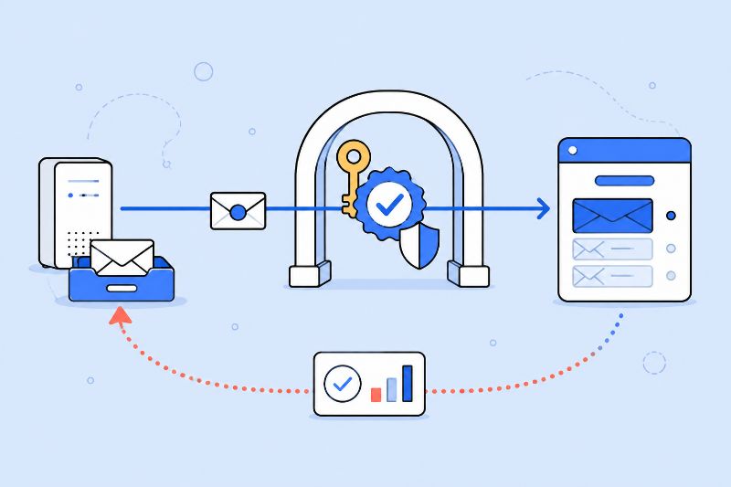 Email authentication process verifying sender identity before delivery and returning performance data through a feedback channel