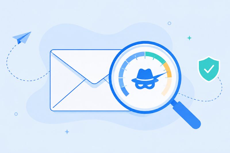 Illustration showing SpamAssassin score analyzing an email for suspicious activity and spam-filtering signals.