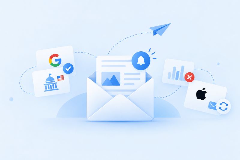 Illustration of email alerts, sender reputation, and provider changes in email deliverability news September 2026.