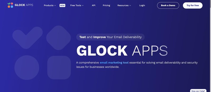 GlockApps homepage with the headline Test and Improve Your Email Deliverability, a free spam checker section, and Book a Demo and Try for free buttons.