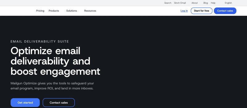 Mailgun Optimize email deliverability suite page with the headline Optimize email deliverability and boost engagement, and Get started and Contact sales buttons.