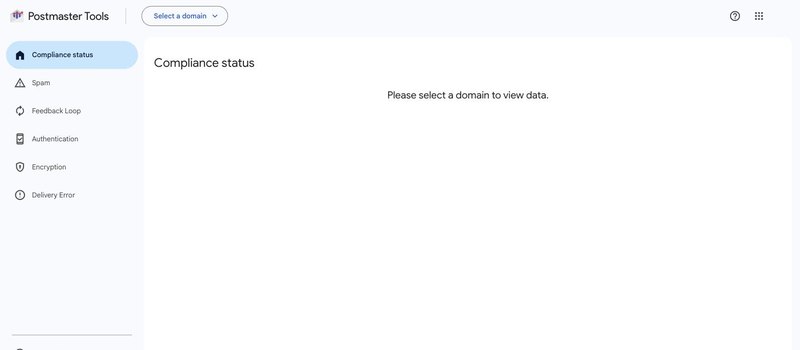 Google Postmaster Tools V2 with sidebar sections for Compliance status, Spam, Feedback Loop, Authentication, Encryption and Delivery Error, prompting the user to select a domain.