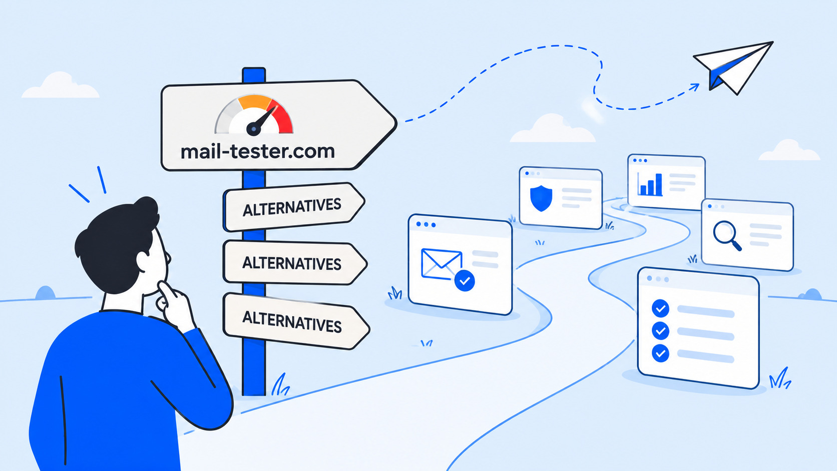 Illustration of a sender pausing at a signpost pointing from a spam-score gauge toward several alternative deliverability tools along a winding path