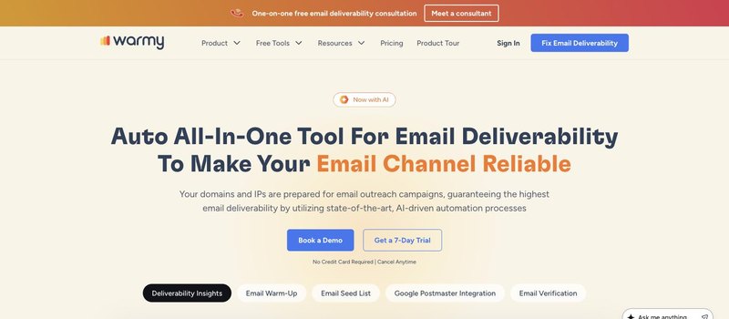 Warmy homepage with the headline Auto All-In-One Tool For Email Deliverability, feature tabs for deliverability insights, warm-up, seed list, Postmaster integration and verification, and Book a Demo and 7-Day Trial buttons.
