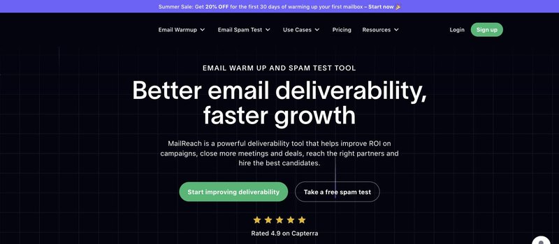 MailReach homepage with the headline Better email deliverability, faster growth, described as an email warm up and spam test tool, with Start improving deliverability and Take a free spam test buttons.