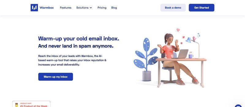 Warmbox homepage with the headline Warm-up your cold email inbox. And never land in spam anymore. and a Warm-up my inbox button.