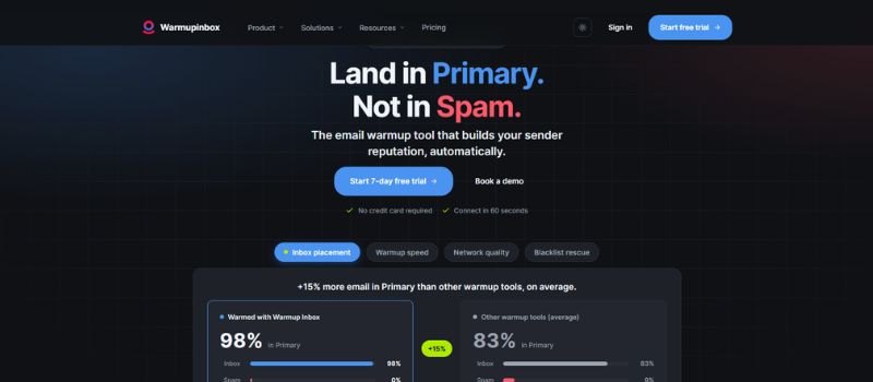 Warmup Inbox homepage with the headline Land in Primary. Not in Spam. and inbox placement statistics.