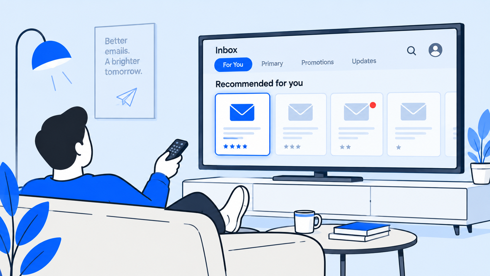 Illustration of a person on a sofa pointing a remote at a TV whose screen shows an inbox with a "Recommended for you" row of email tiles, the first highlighted and rated five stars