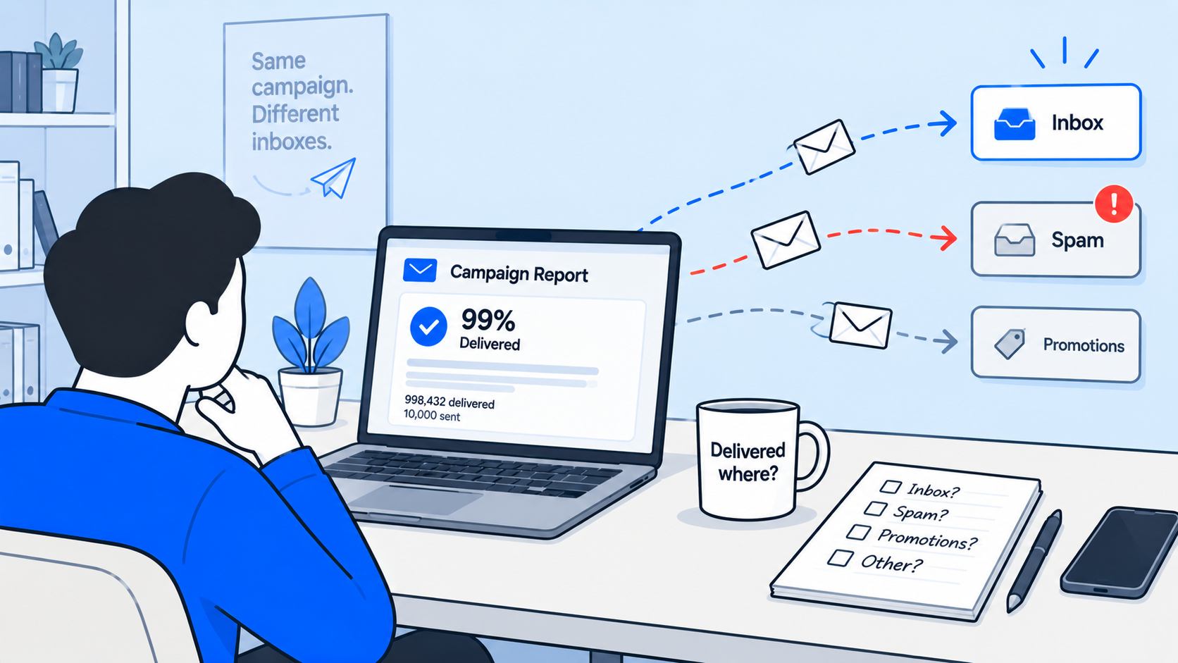 Illustration: a marketer looks at a campaign report showing 99% delivered while envelopes from the same campaign branch off to Inbox, Spam and Promotions; a mug reads "Delivered where?" and a notepad lists Inbox? Spam? Promotions? Other?